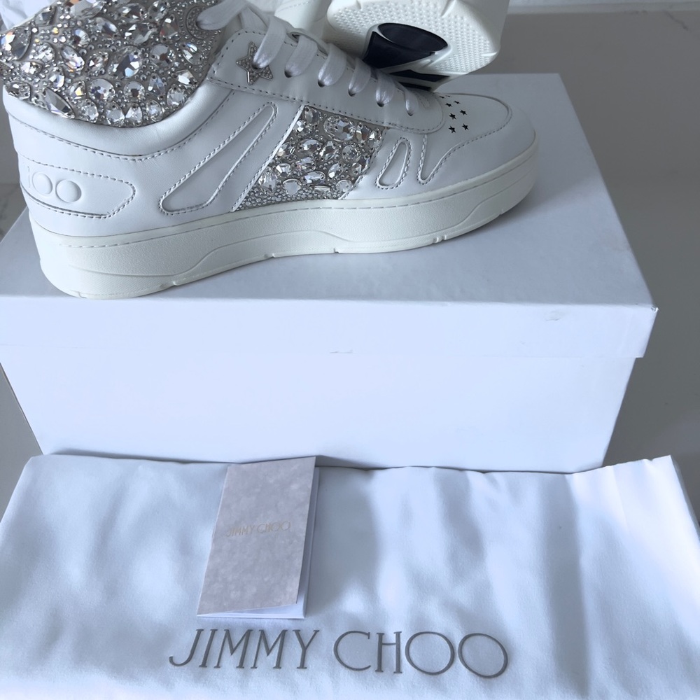 Jimmy Choo Gorgeous Hawaii Hi Top Sneakers White with Crystal size 39.5